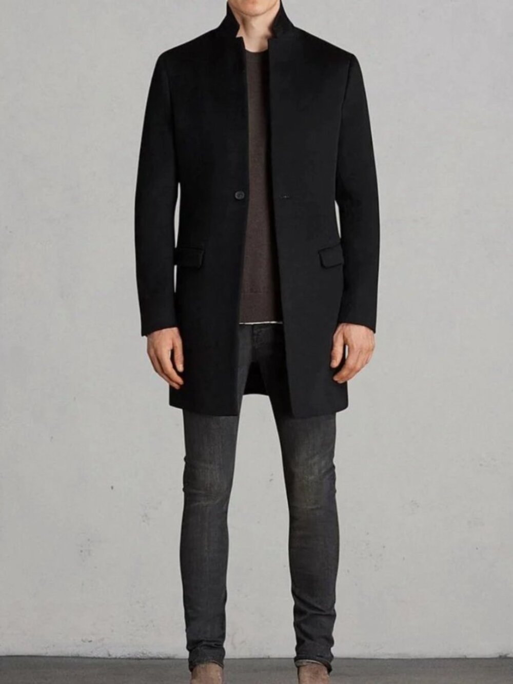 AllSaints Gresham Black Wool Blend Overcoat Jacket Mens 36 Small